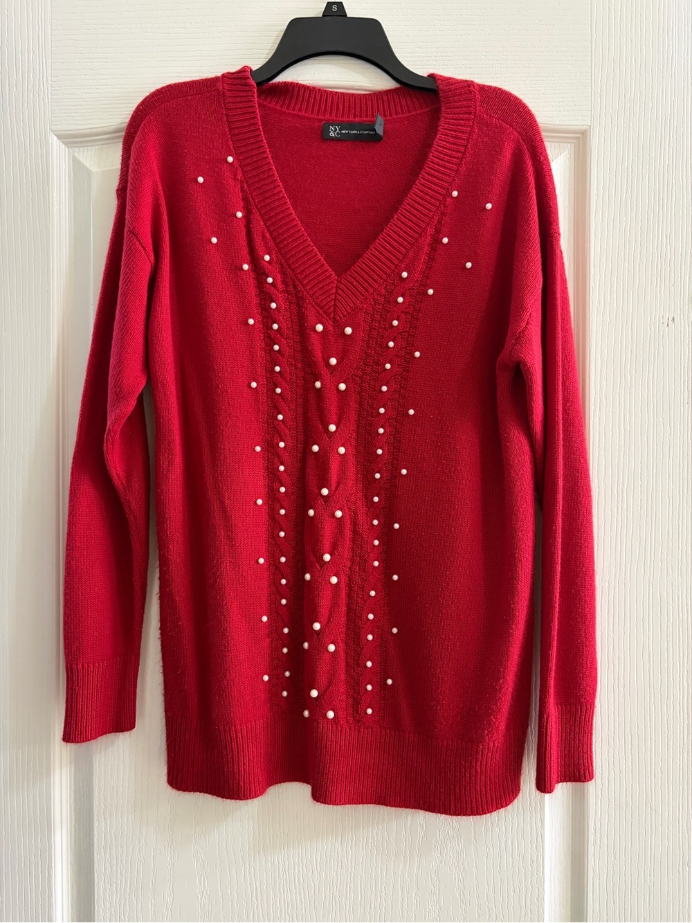 NY Collection Bright Red V-Neck Sweater with Pearl Accents